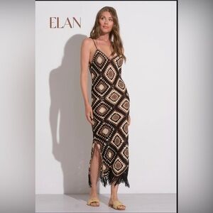 ELAN Crochet Black and Cream Geometric Maxi Dress Sz S EUC